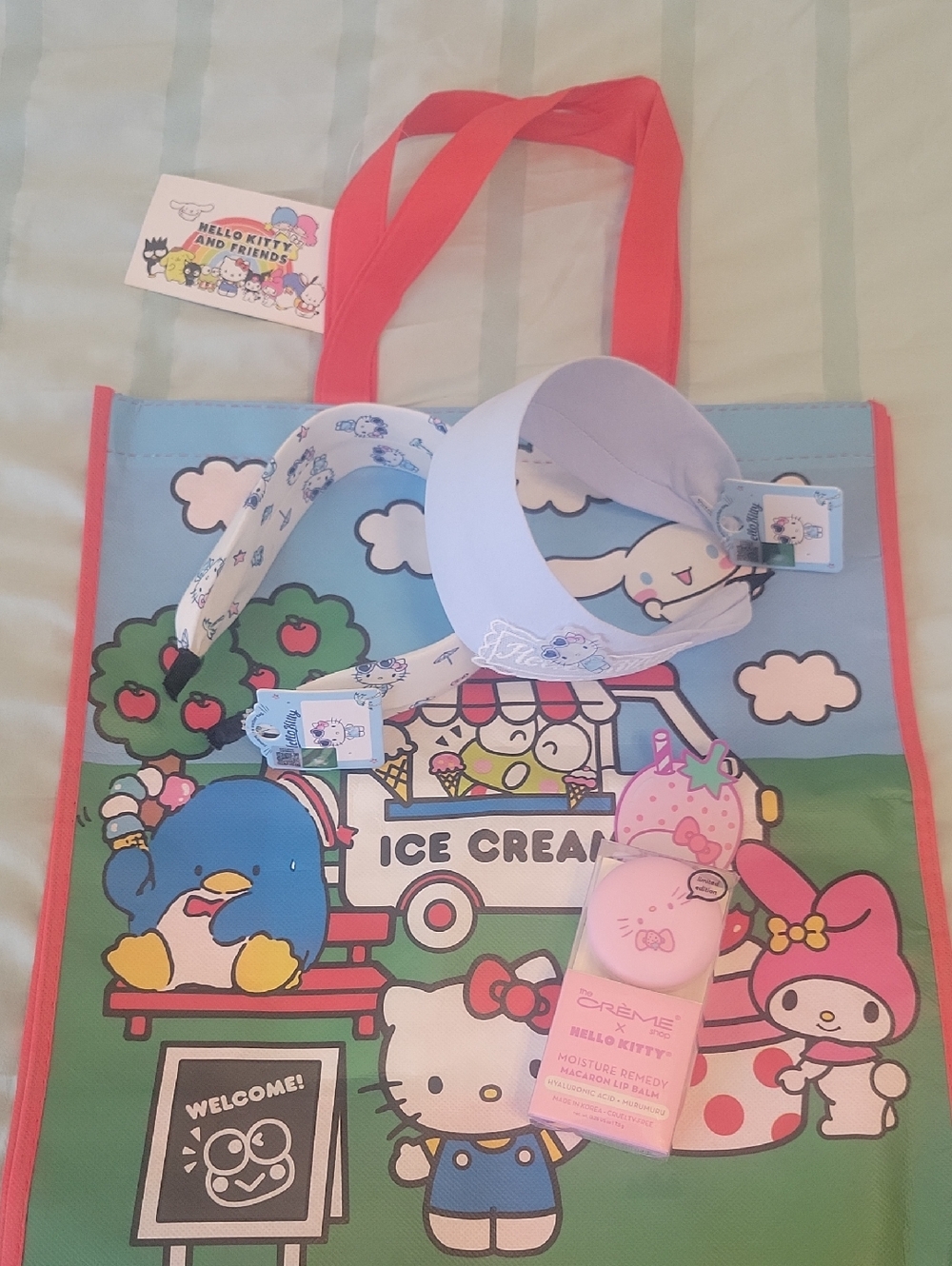BUNDLE of Sanrio HELLO KITTY Ice Cream Tote 2 Headbands CREME SHOP Lip Balm NWT